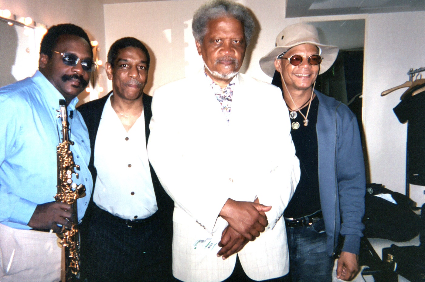 David Murray, Ishmael Reed, Billy Bang, Ishmael Reed, and bassist Fernando Saunders during the Tokyo <i>Conjure</i> tour, August 2003. Photo courtesy of Ismael Reed.